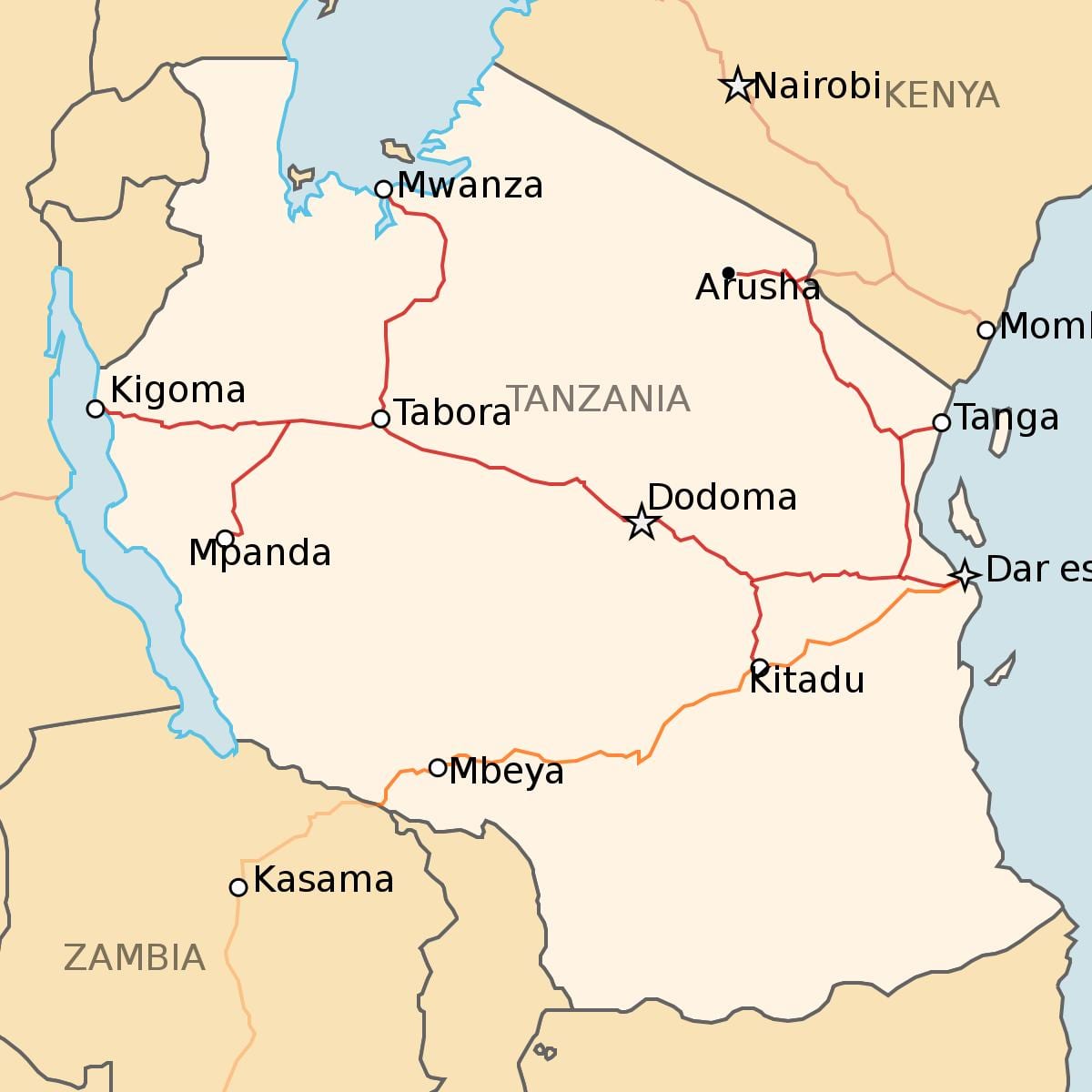Карта залізниці Танзанія