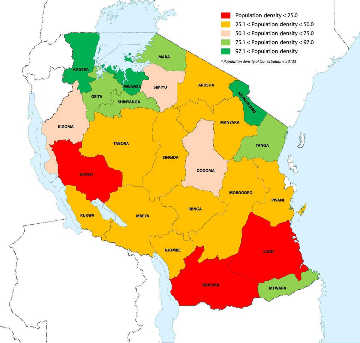 щільність населення Танзанії на карті