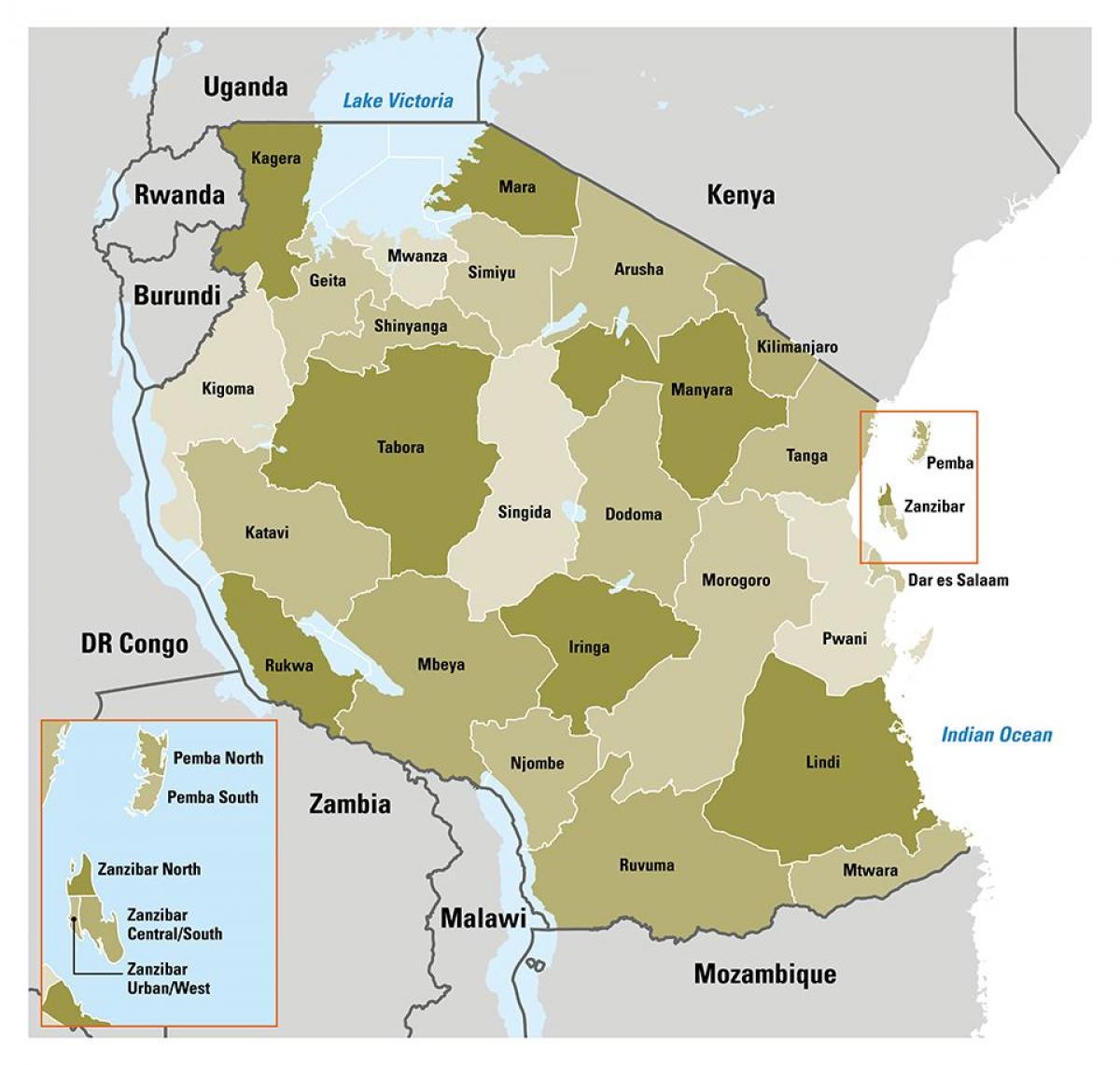 карта Танзанії показує регіонах
