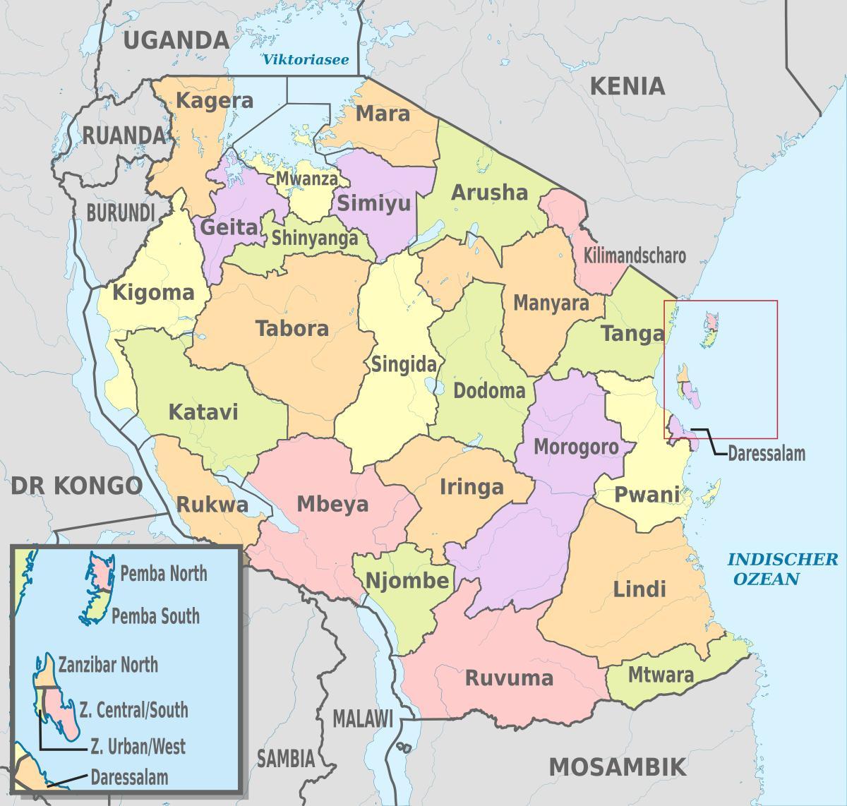 карта Танзанії із зазначенням регіонів і районів