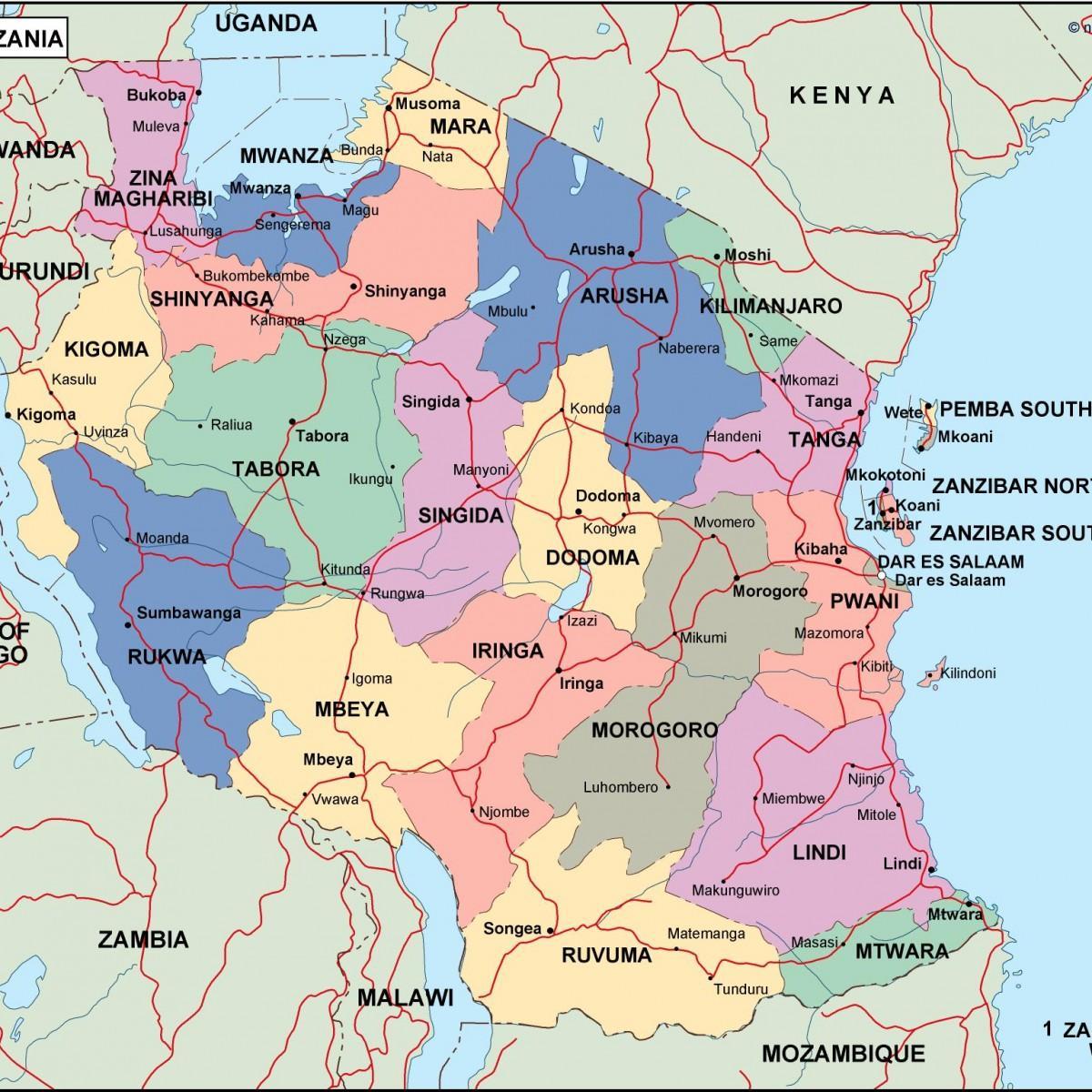 Карта Танзанії політичних