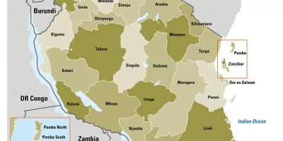 Карта Танзанії показує регіонах