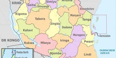 Карта Танзанії із зазначенням регіонів і районів